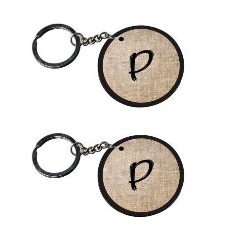 Crafty Worth | Alphabet P keychain | keychain 50rs customized keychain with photo Printed Wooden Keychain| Circle Shape Set of 2 keyrings 2×2 inch