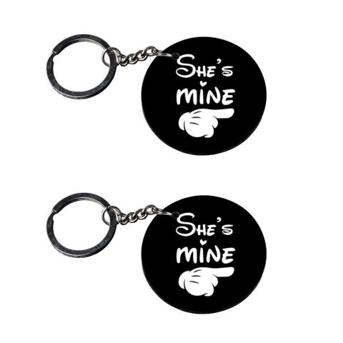 Crafty Worth | she is mine keychain | keychain gadgets Printed Wooden Keychains | Circle Shape Set of 2 keyrings 2×2 inch - alternate view